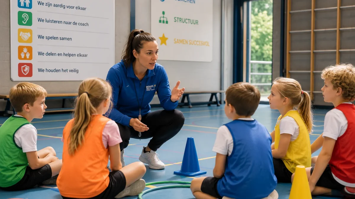 Begeleider in gesprek met een groep kinderen over de afspraken