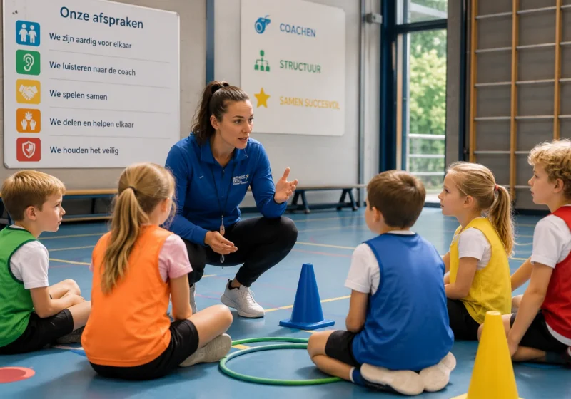 Begeleider in gesprek met een groep kinderen over de afspraken