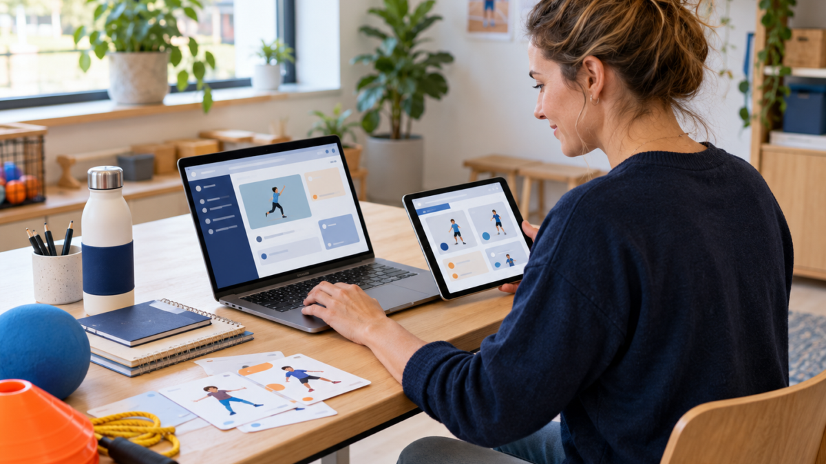 Een professional bekijkt spelinstructies op laptop en tablet
