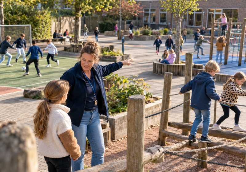 spelbegeleider met overzicht op het schoolplein
